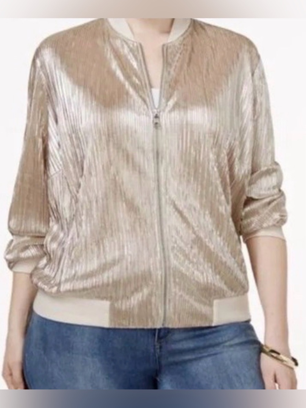 INC International Concepts Large Pockets Bomber Jacket Champagne Silver Metallic